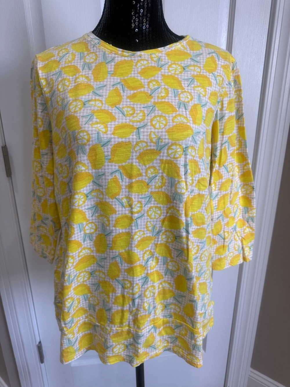 Lands' End Yellow Lemon Print Long Sleeve Crewneck Top